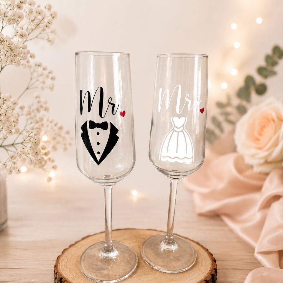 Two champagne flutes, “Mr” with a black tuxedo and “Mrs” with a white wedding dress