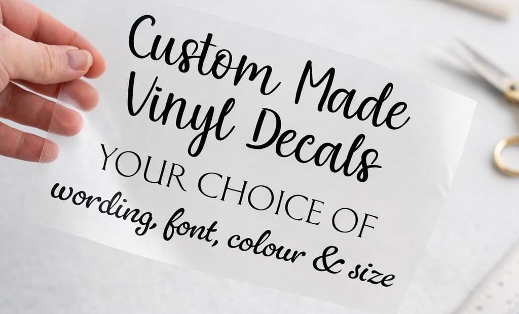 Clear vinyl decal sample reading “Custom made vinyl decals, your choice of wording, font, colour and size”