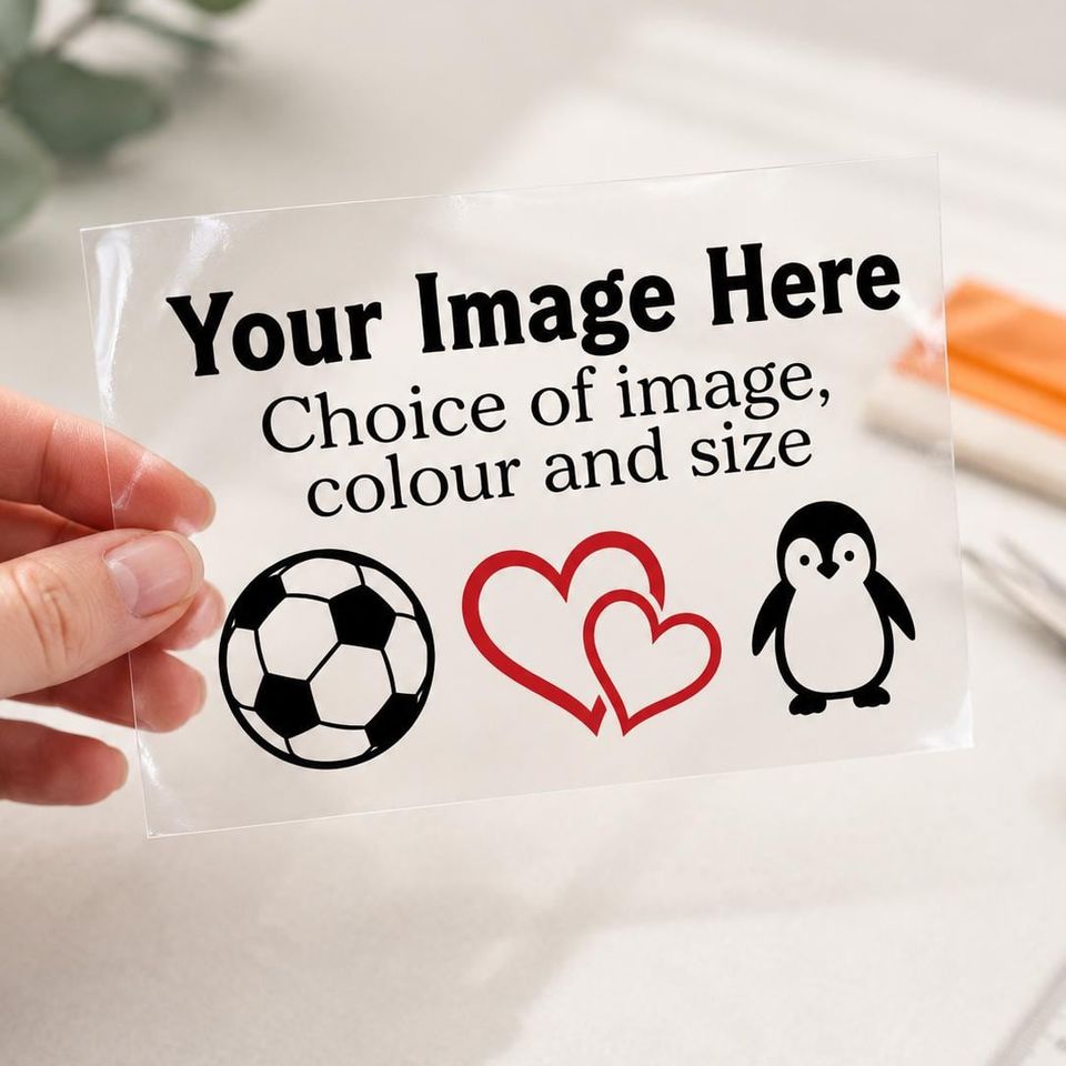 Clear vinyl decal sample with a football, two hearts and a penguin