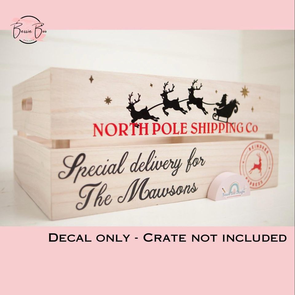 Decals reading “North Pole Shipping Co, Special delivery for The Mawsons” on a wooden crate. Decal only, crate not included