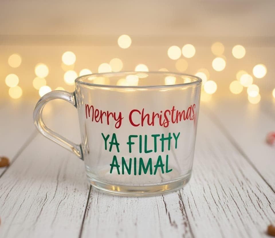 Glass mug lettered “Merry Christmas ya filthy animal” in red and green