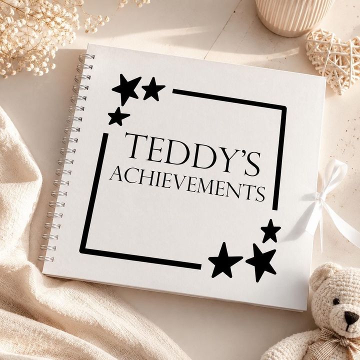 White memory book with a “Teddy’s Achievements” decal in a star frame