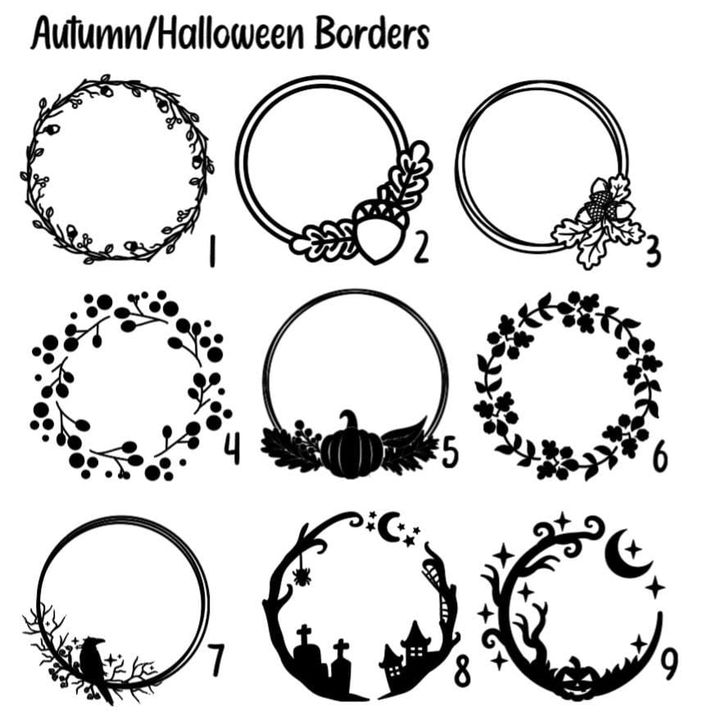 Chart of autumn and Halloween border designs, numbered 1 to 9