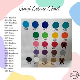 Vinyl colour chart with 22 numbered colours