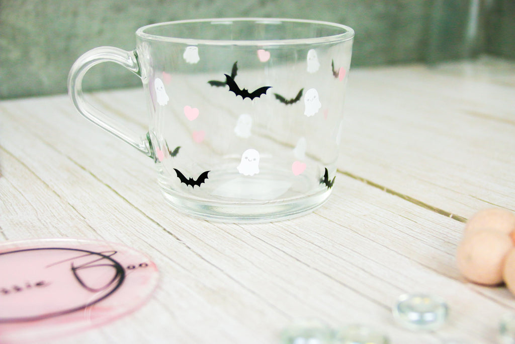 Gift Ideas - Halloween Glass Mug | Pink Halloween Mug | Cute Ghost Mug | Bat Mug | Personalised Halloween Glasses |